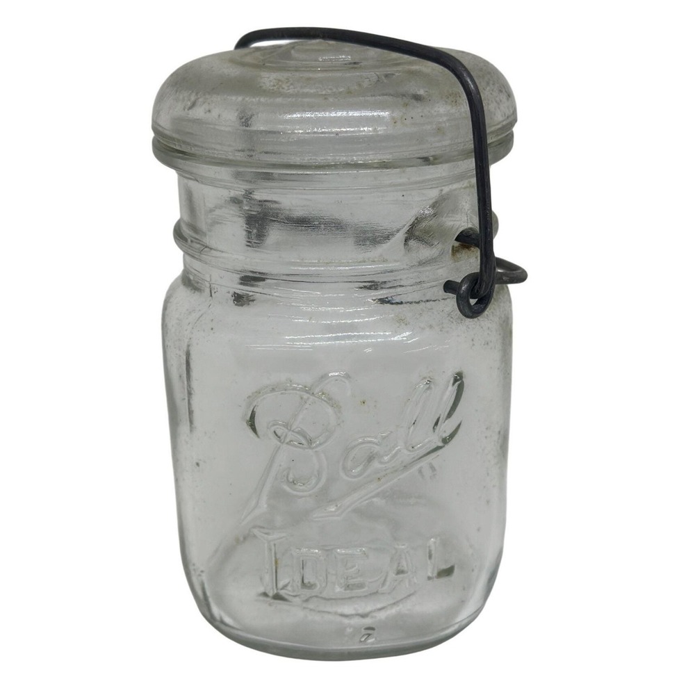 VTG Antique Ball Ideal 12oz Mason Jar w/ Glass Lid & Wire Bail 5.5" Canning Jar